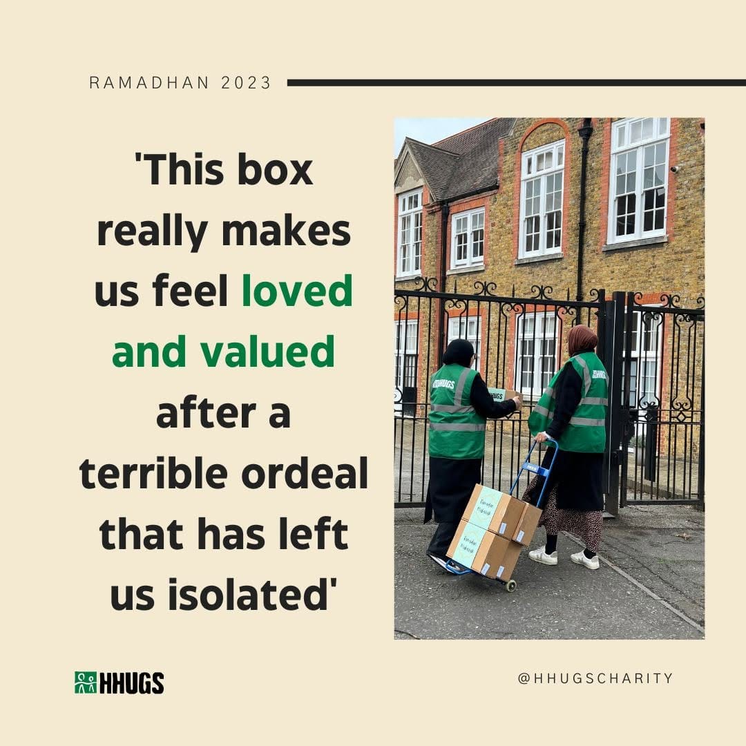 HHUGS volunteers delivering Ramadan 2023 gift boxes, with a beneficiary quote: This box really makes us feel loved and valued