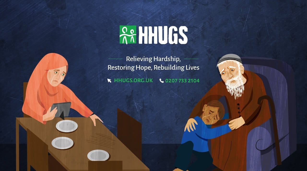 HHUGS illustration of a family under strain, with the charity tagline Relieving Hardship, Restoring Hope, Rebuilding Lives